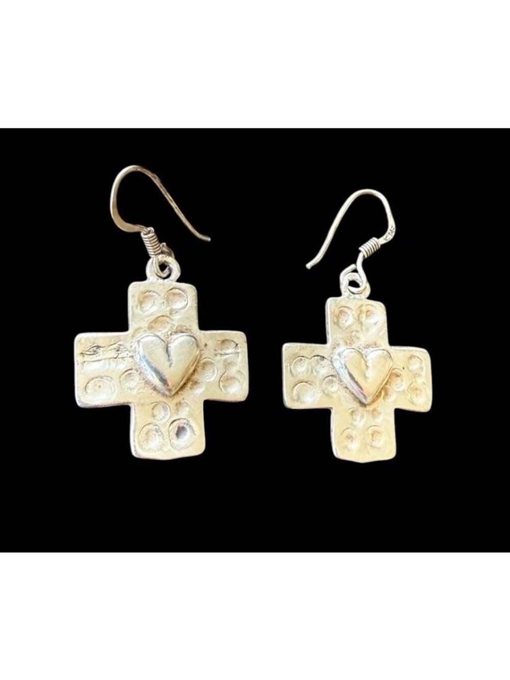 Signed JM 925 Sterling Silver Heart Cross Dangle Earrings 1”